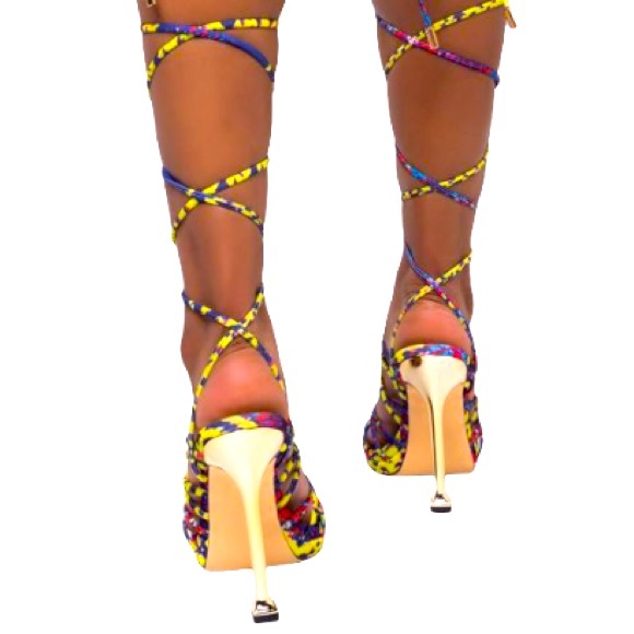 Azalea Wang Multi-Colored Nylon Strappy Lace Up Ankle Wrap High Heel Sandals - Picture 2 of 5